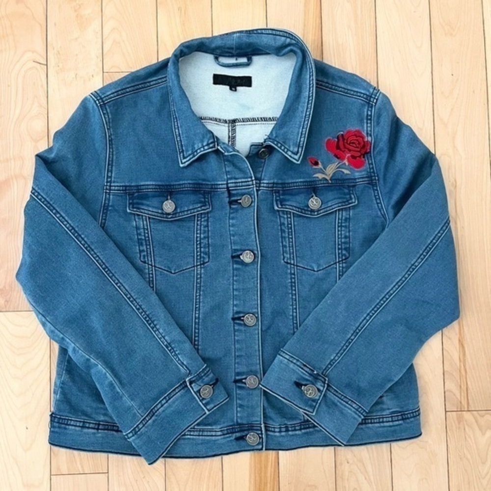 Oxygen Blue Denim Jeans Jacket Red Rose Embroidery Size XL